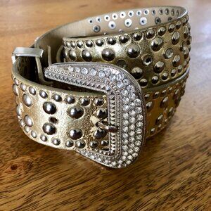 Gold Leather and Rhinestone Studded Belt, 41 inches long